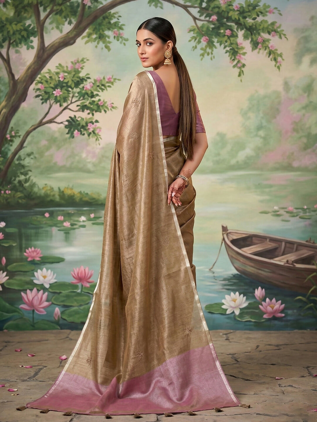 Shree Shyam Fashion Brown Tissue Silk Saree