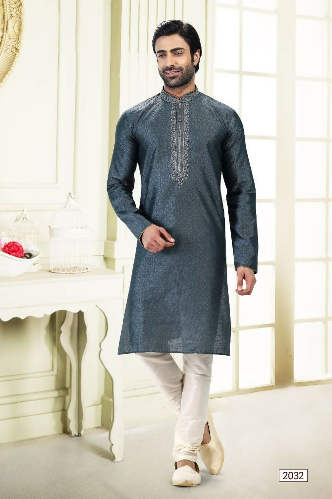 Raivat Ethnic Jacquard Banarasi Silk Thread Work Kurta Pajama In Grey Colour