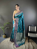 Joban Fashion Teal Blue Woven Zari Motifs Lichi Silk Banarasi Silk Saree