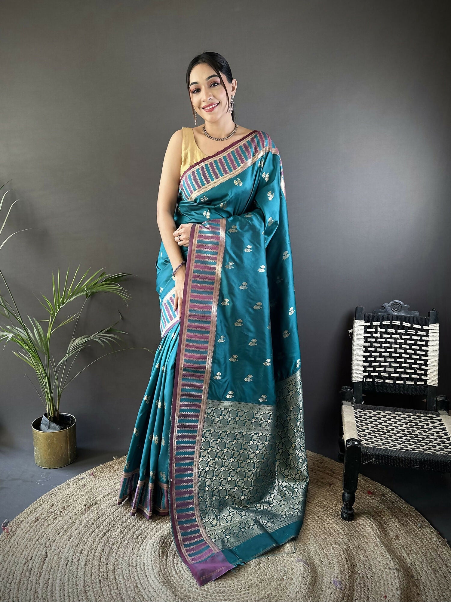 Joban Fashion Teal Blue Woven Zari Motifs Lichi Silk Banarasi Silk Saree