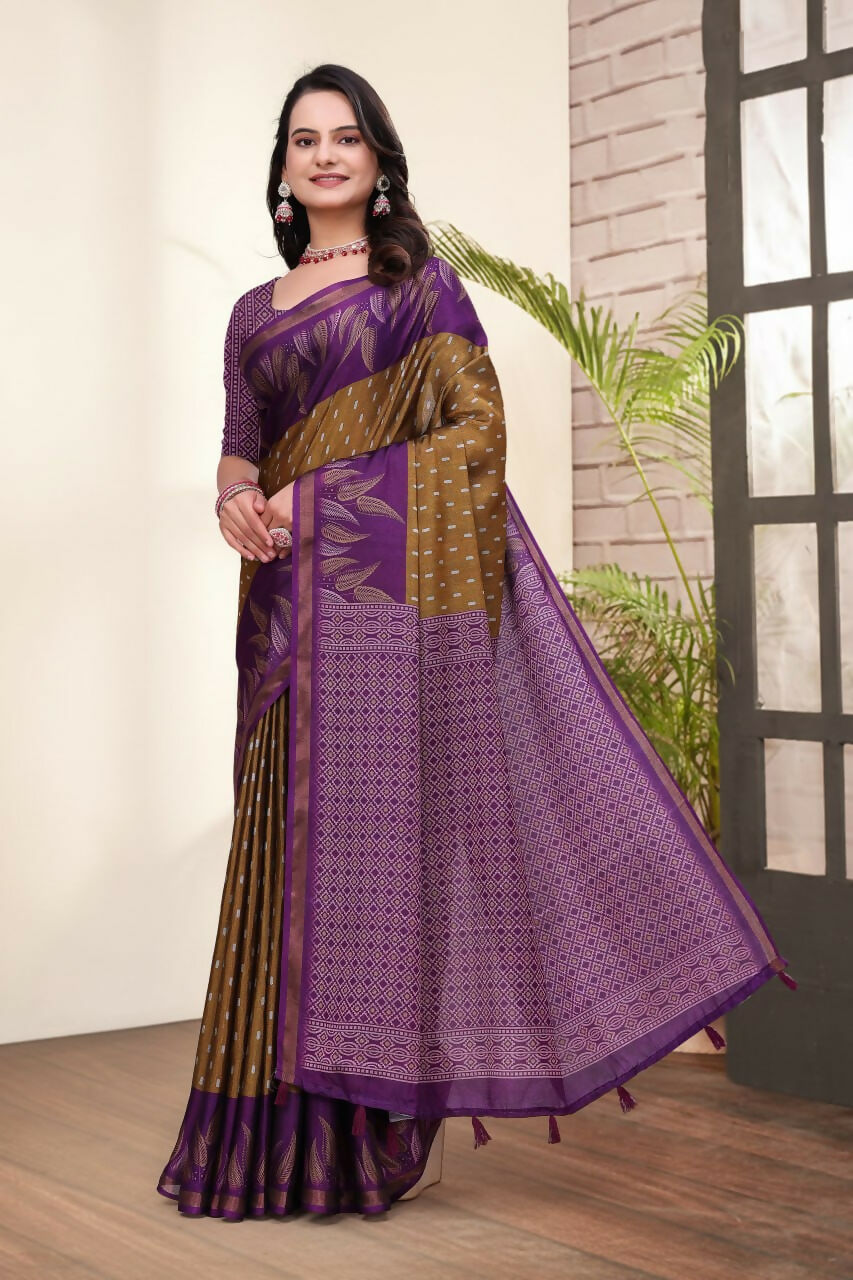 Prime Volt Mal Cotton Mustard Purple Ethnic Printed Saree with Designer Blouse Piece