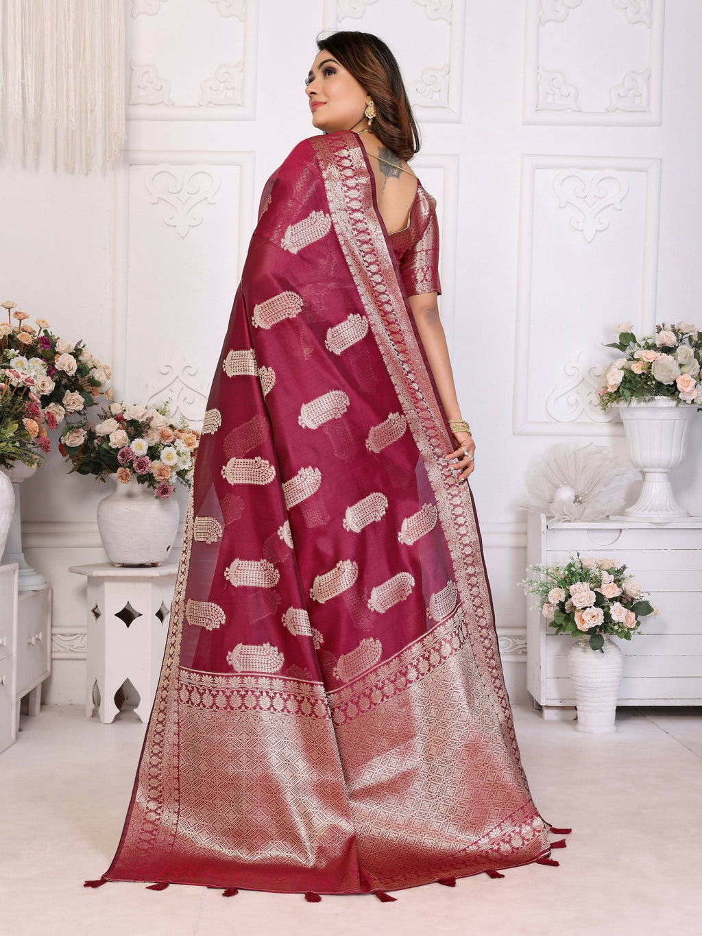 Aastha Fashion Wine Soft Organza Silk Weaving Saree