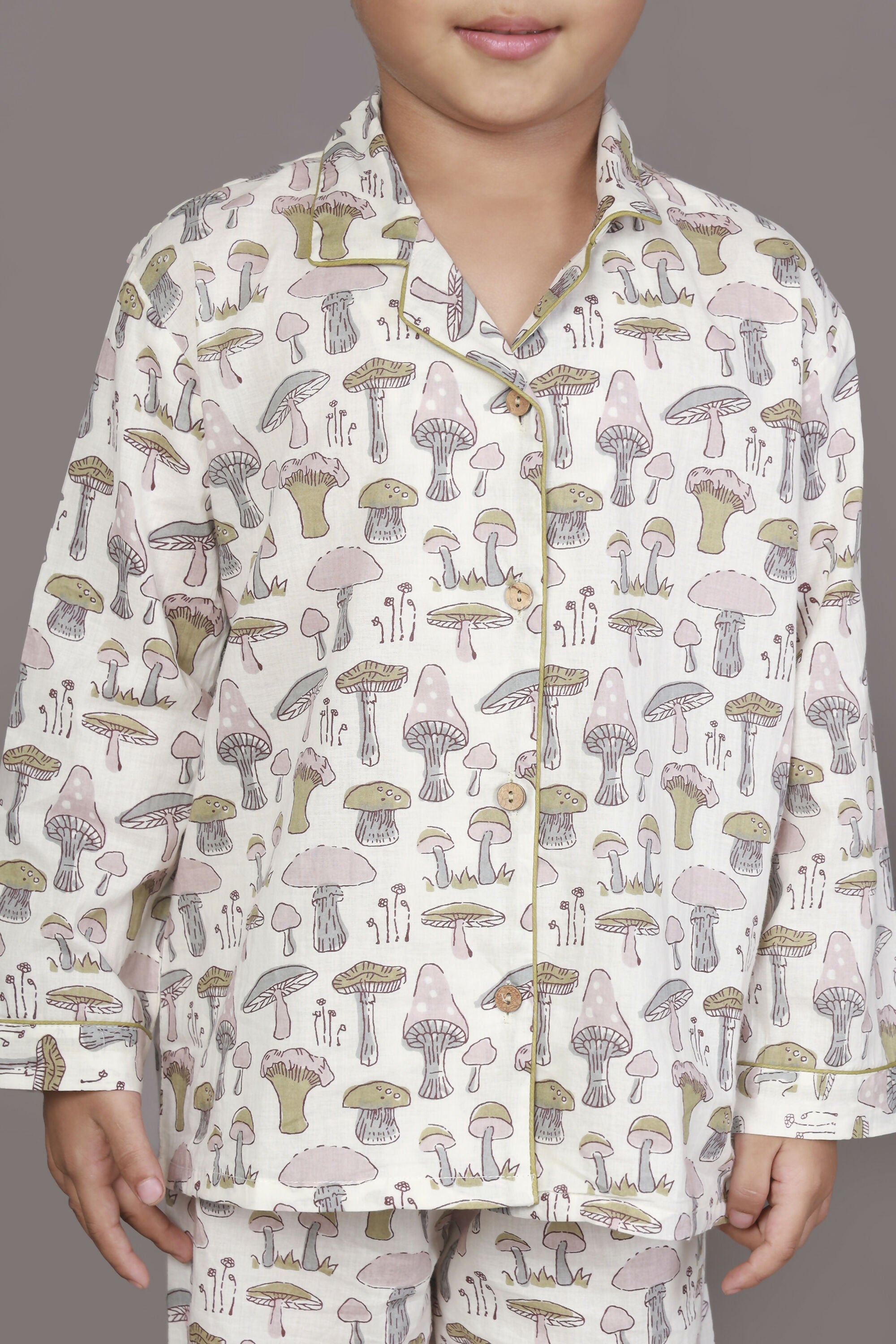 Breathables Kids Cotton White Mushroom Print Shirt & Pyjama Boys & Girls Night Suit