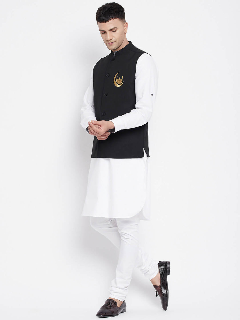 Even Apparels Black Pure Cotton Nehru Jacket With Eid Insignia NJ-PW668-CHA