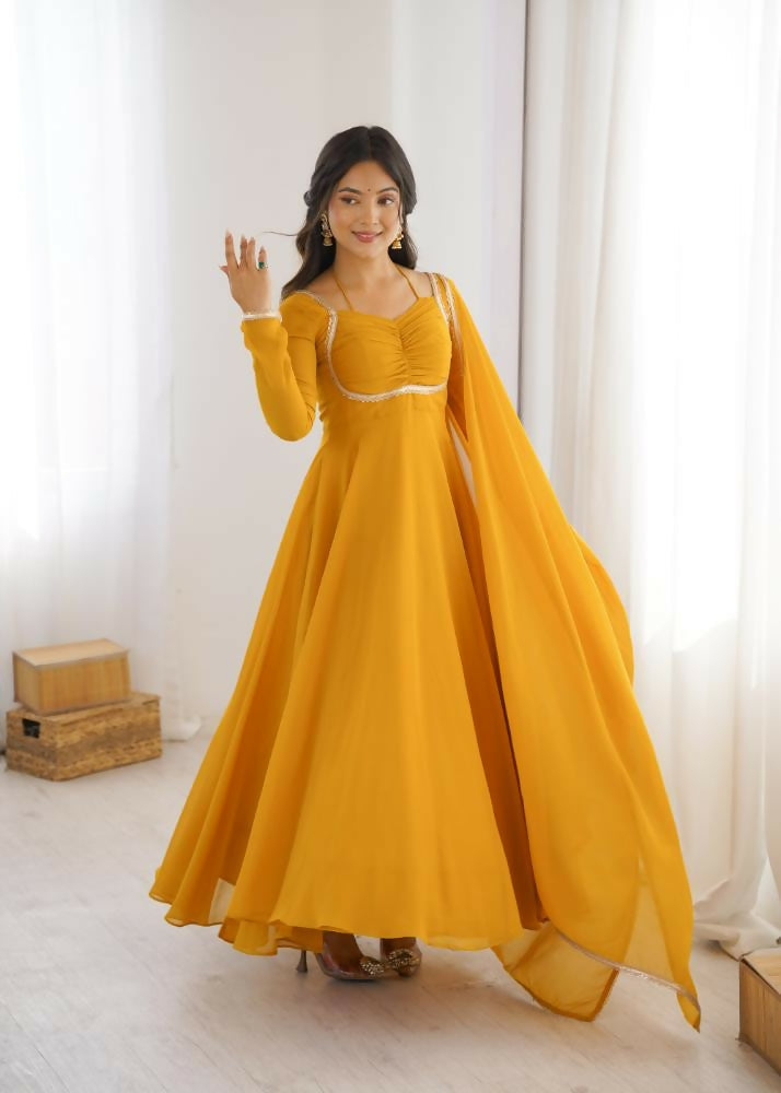 Lehenga Mart Designer Anarkali Suit With Kurta, Dupatta For Women-Yellow