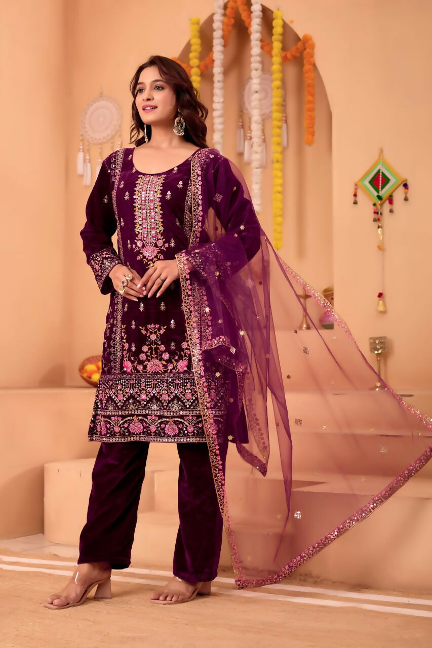 Joban Fashion Purple Kurta Set Velvet Embroidery Sequence Work