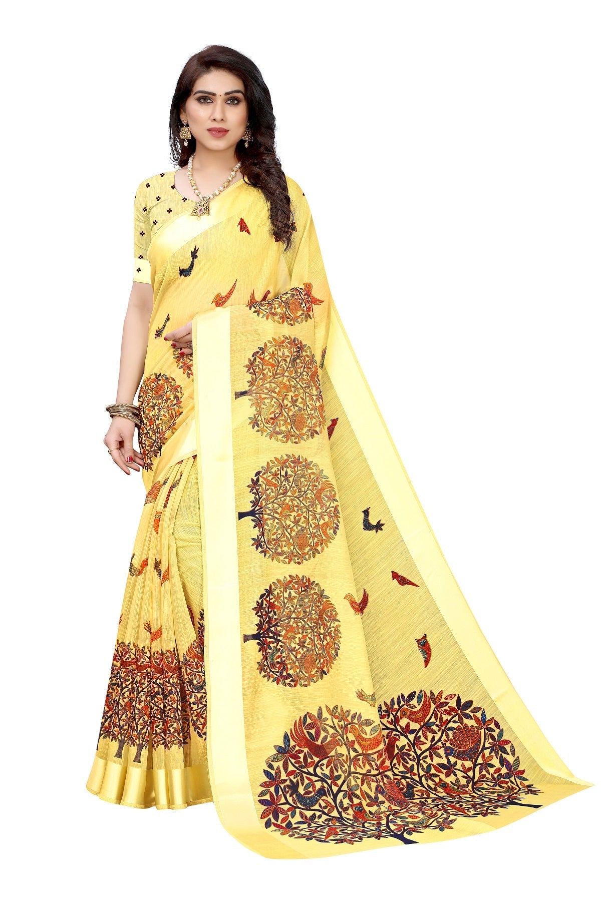 Vamika Linen Satin Border Yellow Bollywood Style Saree
