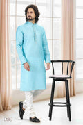 Raivat Ethnic Cotton Thread Work Kurta Pajama In Sky Blue Colour
