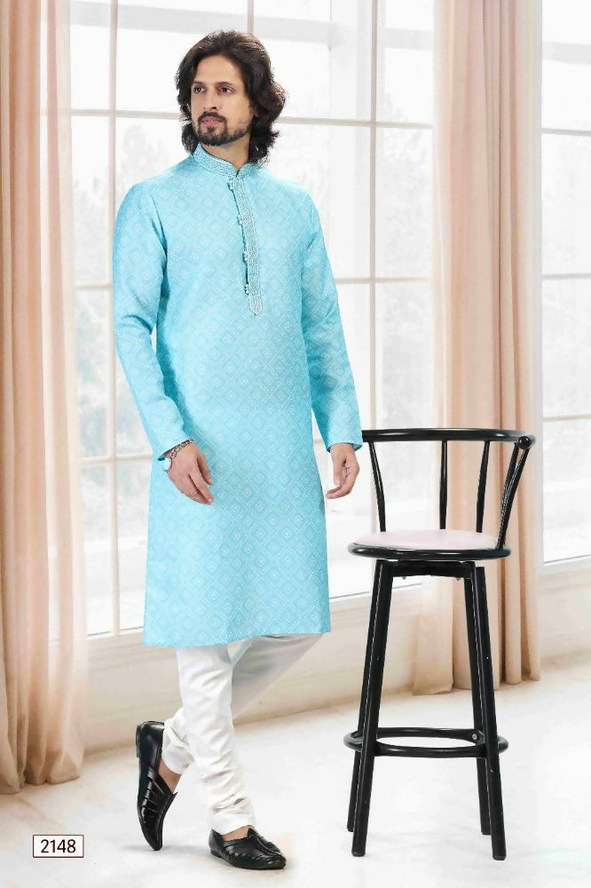 Raivat Ethnic Cotton Thread Work Kurta Pajama In Sky Blue Colour