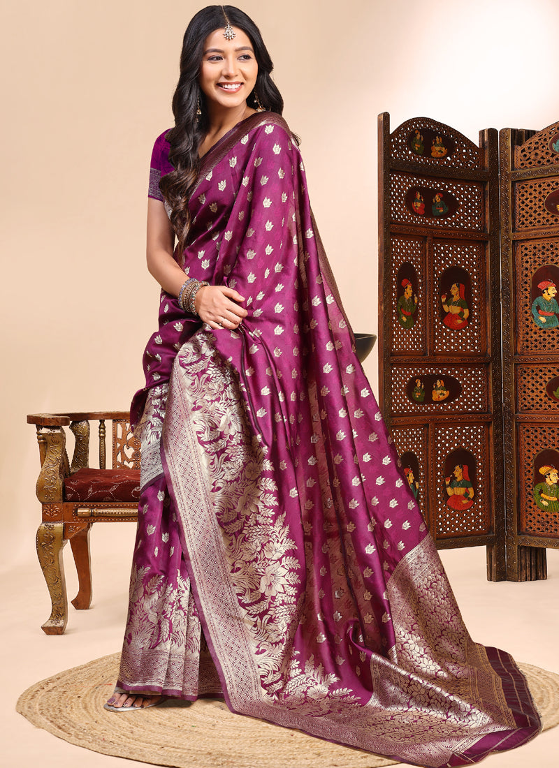 Vegaa Fashion Wine Lichi Silk Embroidered Wedding Wear Saree