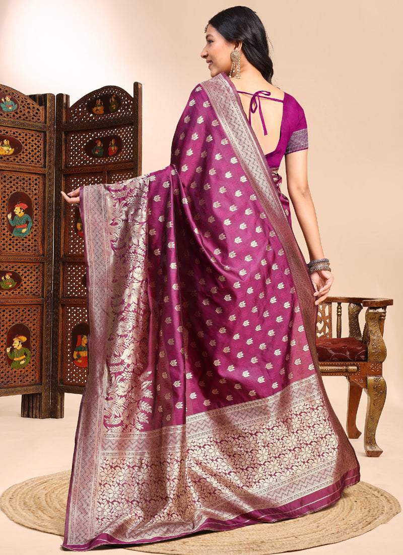 Vegaa Fashion Wine Lichi Silk Embroidered Wedding Wear Saree