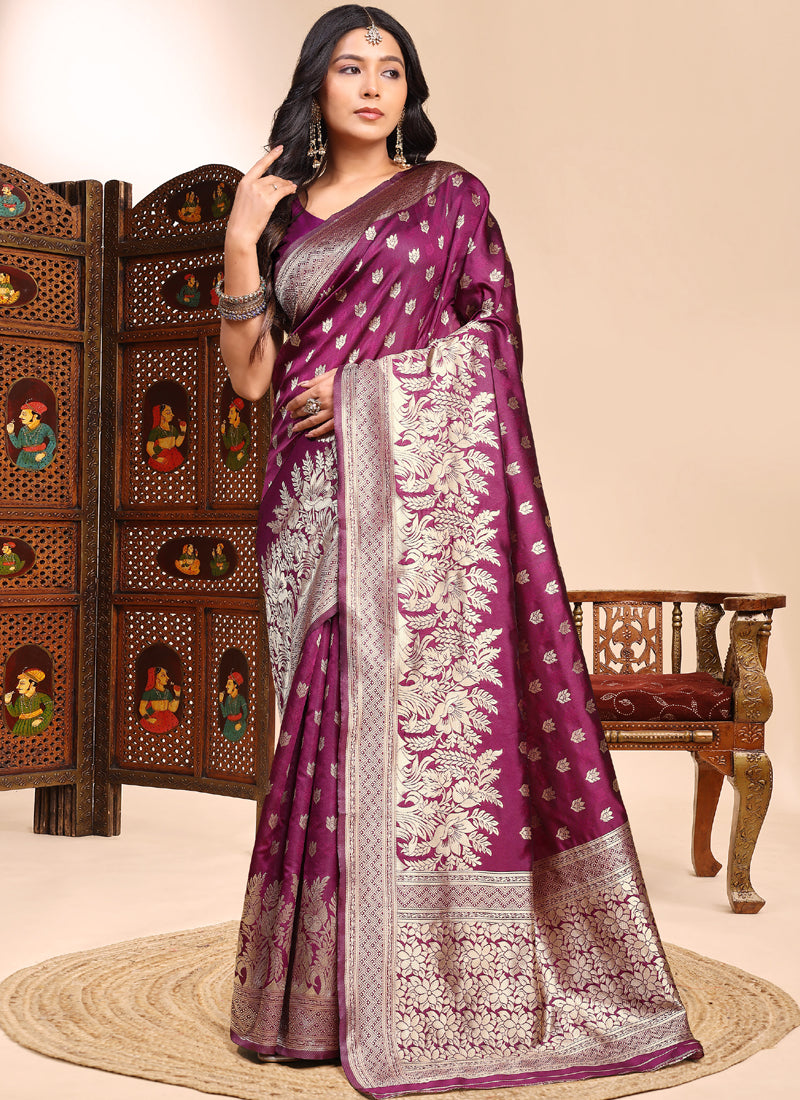 Vegaa Fashion Wine Lichi Silk Embroidered Wedding Wear Saree