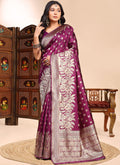 Vegaa Fashion Wine Lichi Silk Embroidered Wedding Wear Saree