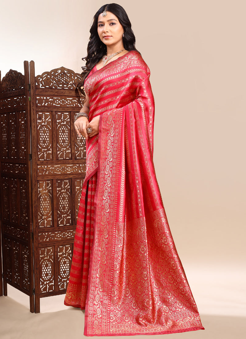 Vegaa Fashion Red Lichi Silk Embroidered Wedding Wear Saree