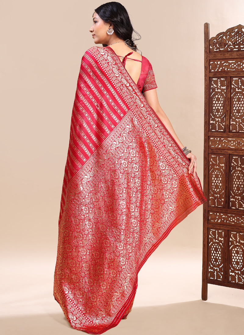 Vegaa Fashion Red Lichi Silk Embroidered Wedding Wear Saree