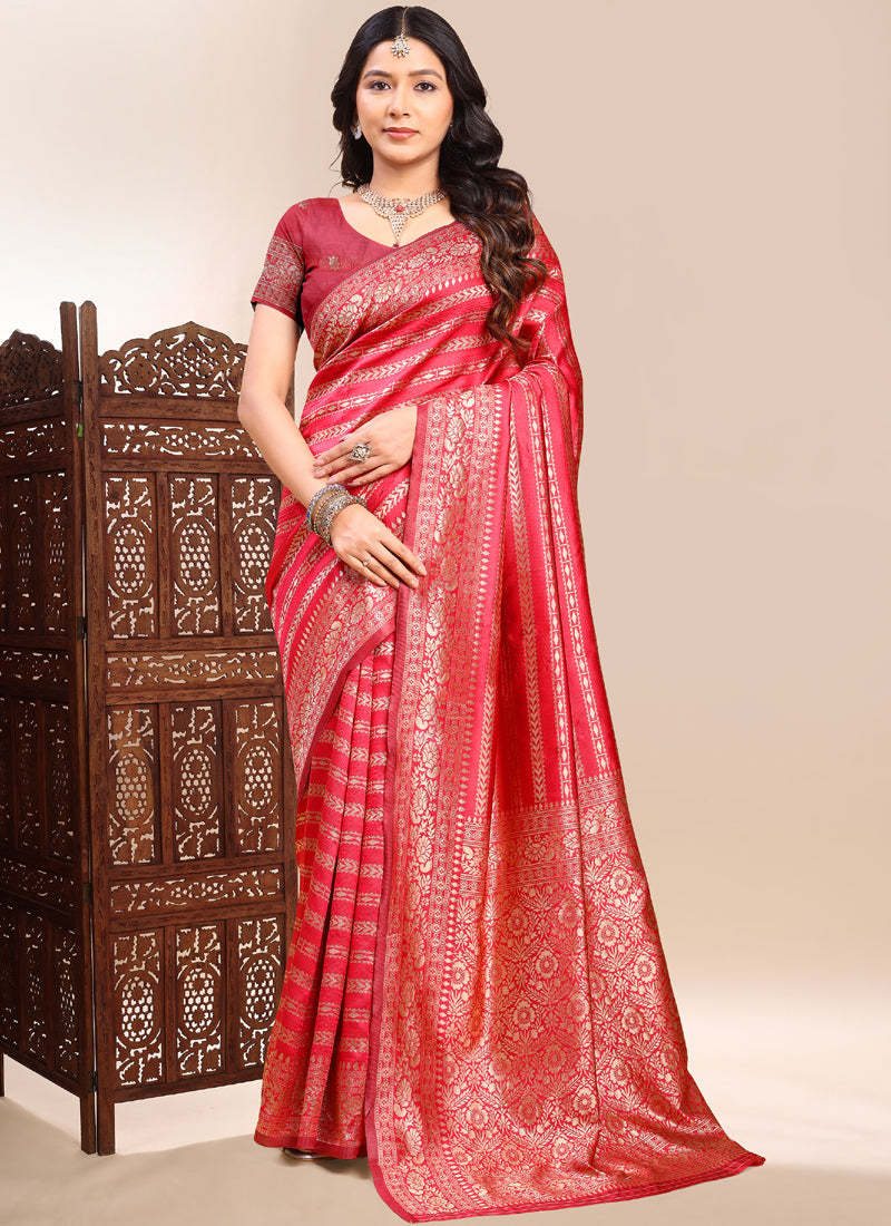 Vegaa Fashion Red Lichi Silk Embroidered Wedding Wear Saree