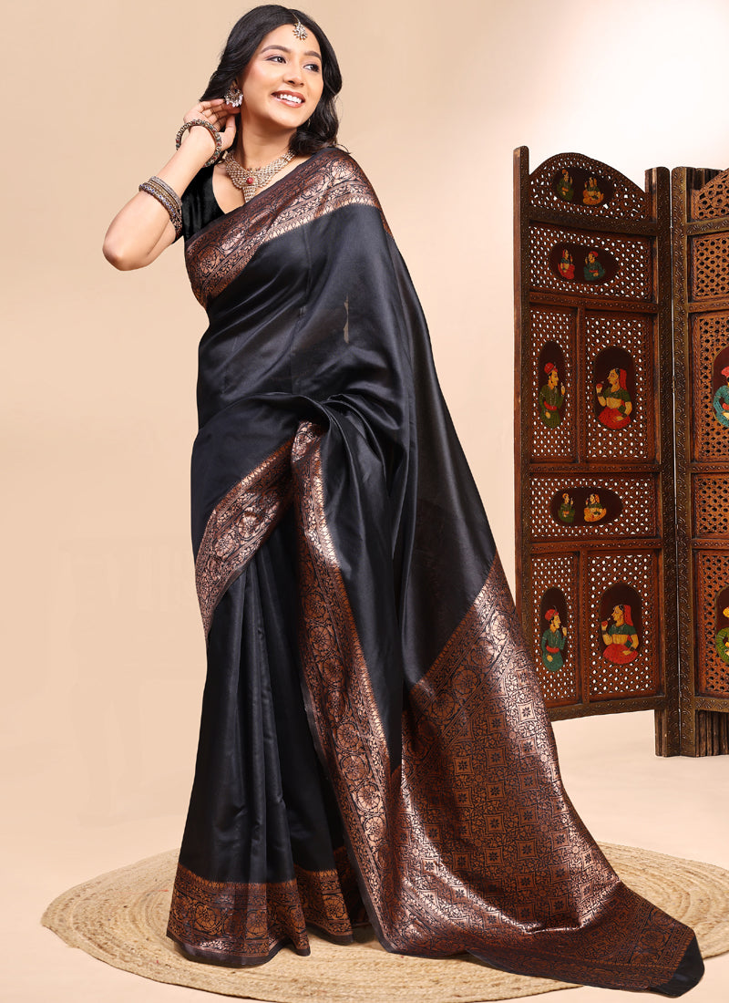 Vegaa Fashion Black Lichi Silk Embroidered Wedding Wear Saree