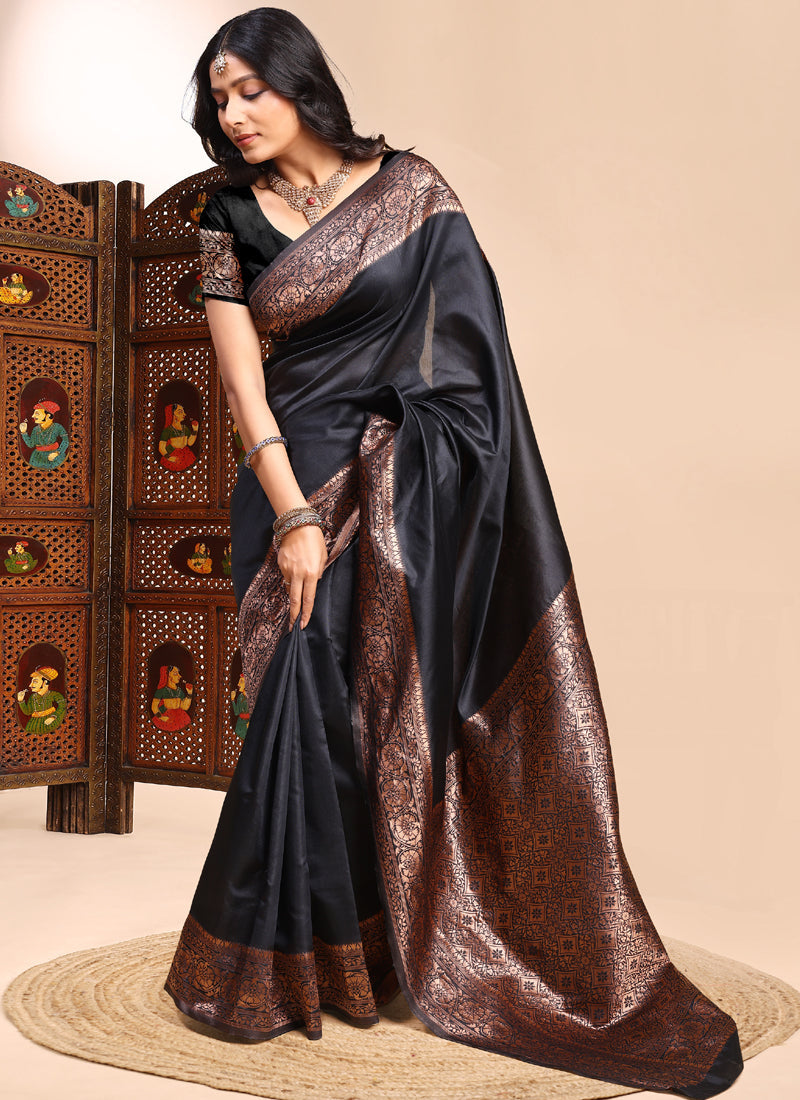 Vegaa Fashion Black Lichi Silk Embroidered Wedding Wear Saree
