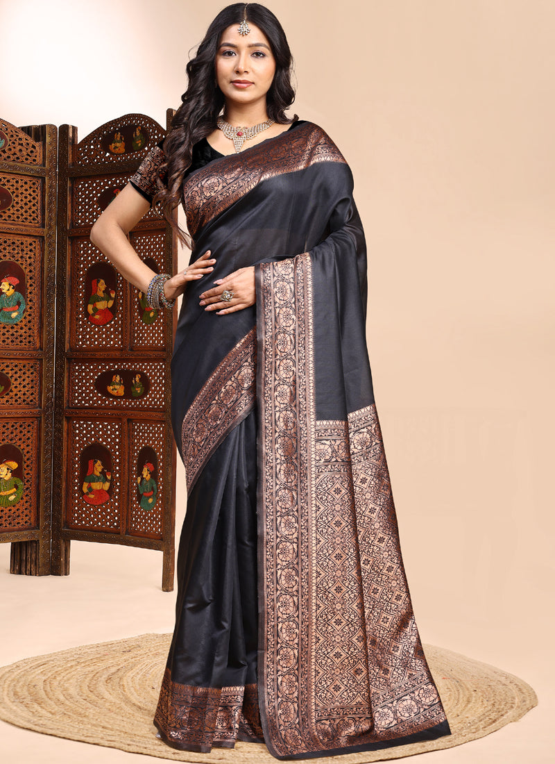 Vegaa Fashion Black Lichi Silk Embroidered Wedding Wear Saree