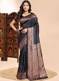 Vegaa Fashion Black Lichi Silk Embroidered Wedding Wear Saree