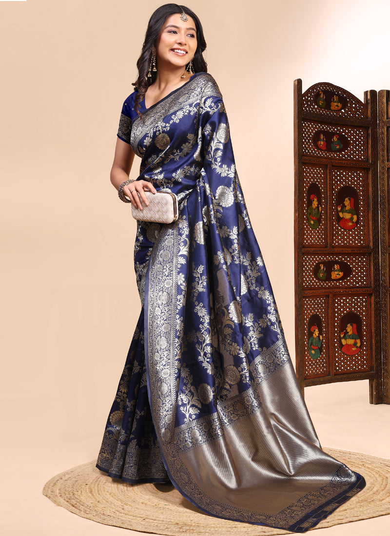 Vegaa Fashion Dark_Blue Lichi Silk Embroidered Wedding Wear Saree