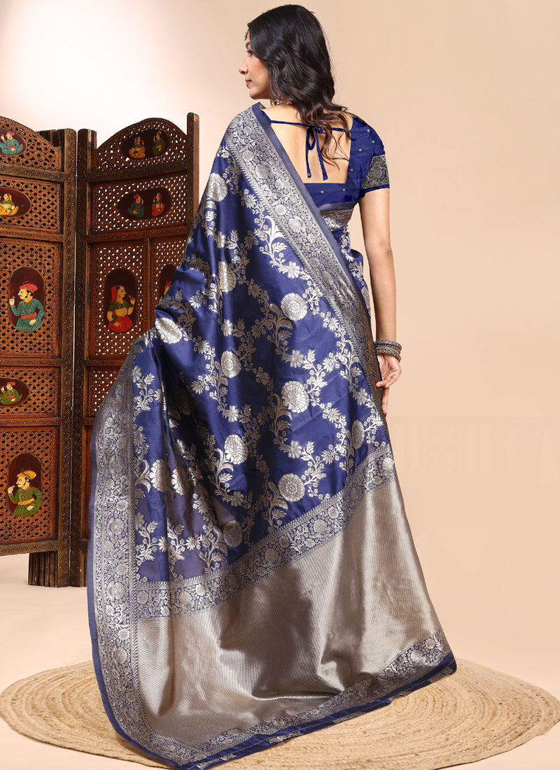 Vegaa Fashion Dark_Blue Lichi Silk Embroidered Wedding Wear Saree