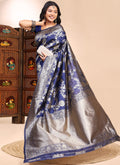 Vegaa Fashion Dark_Blue Lichi Silk Embroidered Wedding Wear Saree