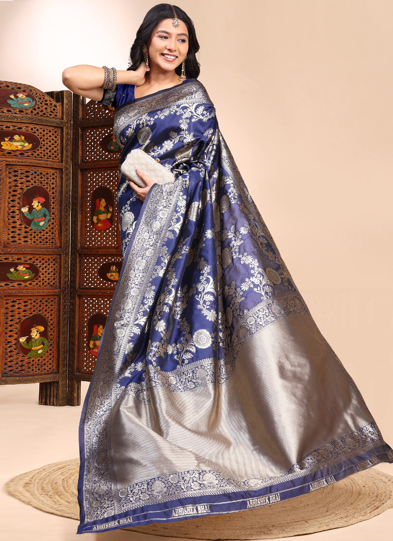 Vegaa Fashion Dark_Blue Lichi Silk Embroidered Wedding Wear Saree