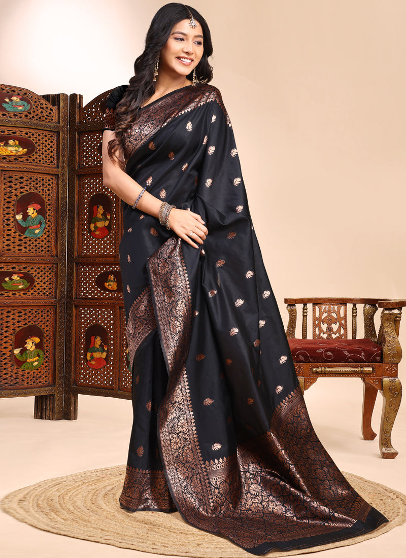 Vegaa Fashion Black Lichi Silk Embroidered Wedding Wear Saree