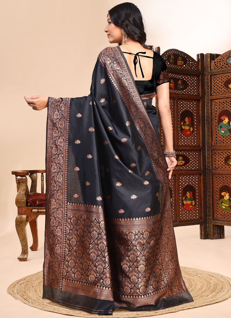 Vegaa Fashion Black Lichi Silk Embroidered Wedding Wear Saree