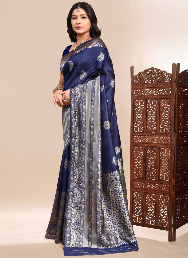 Vegaa Fashion Dark_Blue Lichi Silk Embroidered Wedding Wear Saree