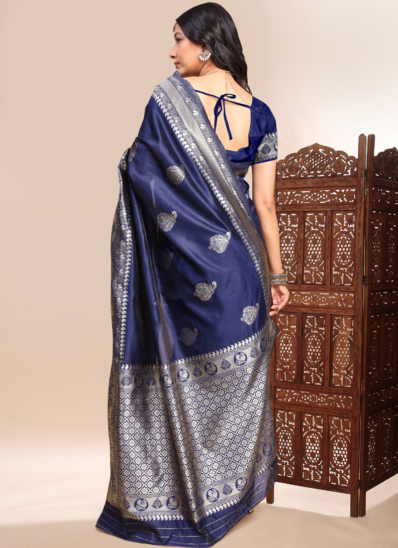 Vegaa Fashion Dark_Blue Lichi Silk Embroidered Wedding Wear Saree