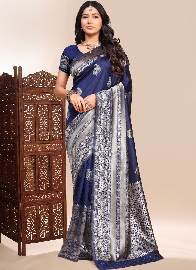 Vegaa Fashion Dark_Blue Lichi Silk Embroidered Wedding Wear Saree