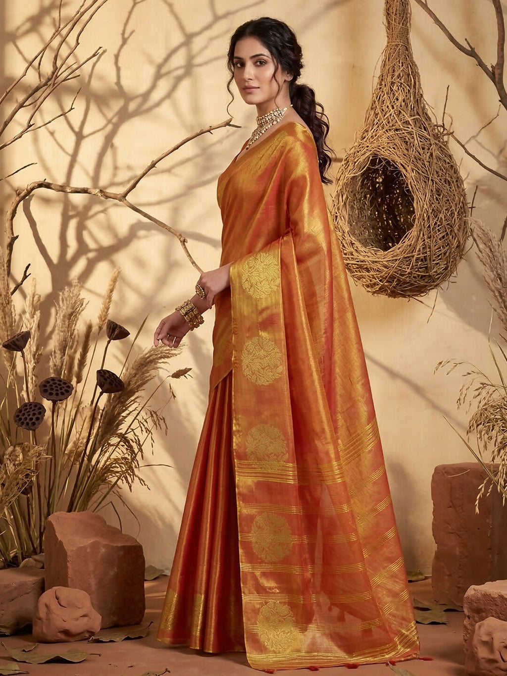 Shree Shyam Fashion Rust Tissue Silk Saree