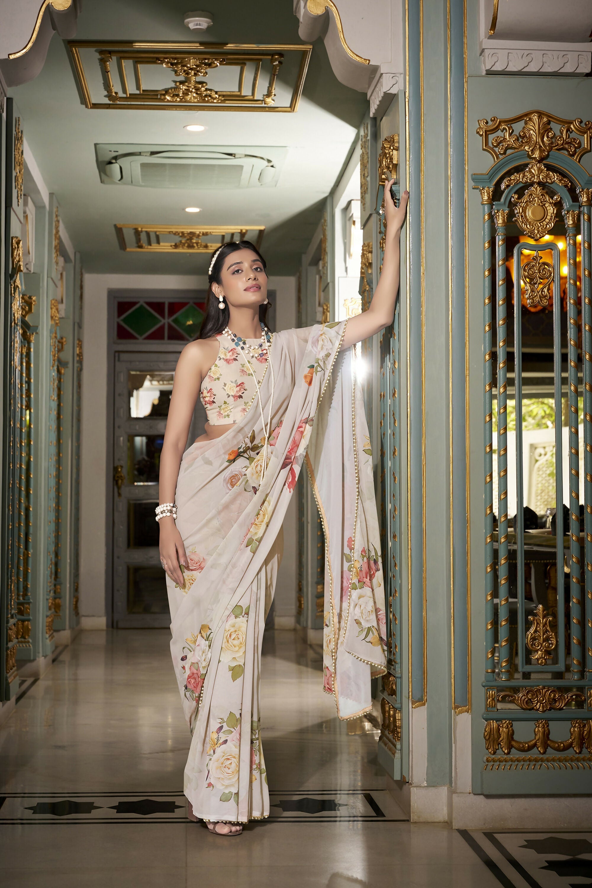 Vastranavya Off White Spectacular Georgette Printed with Pearl Lace Saree with Unstitched Blouse