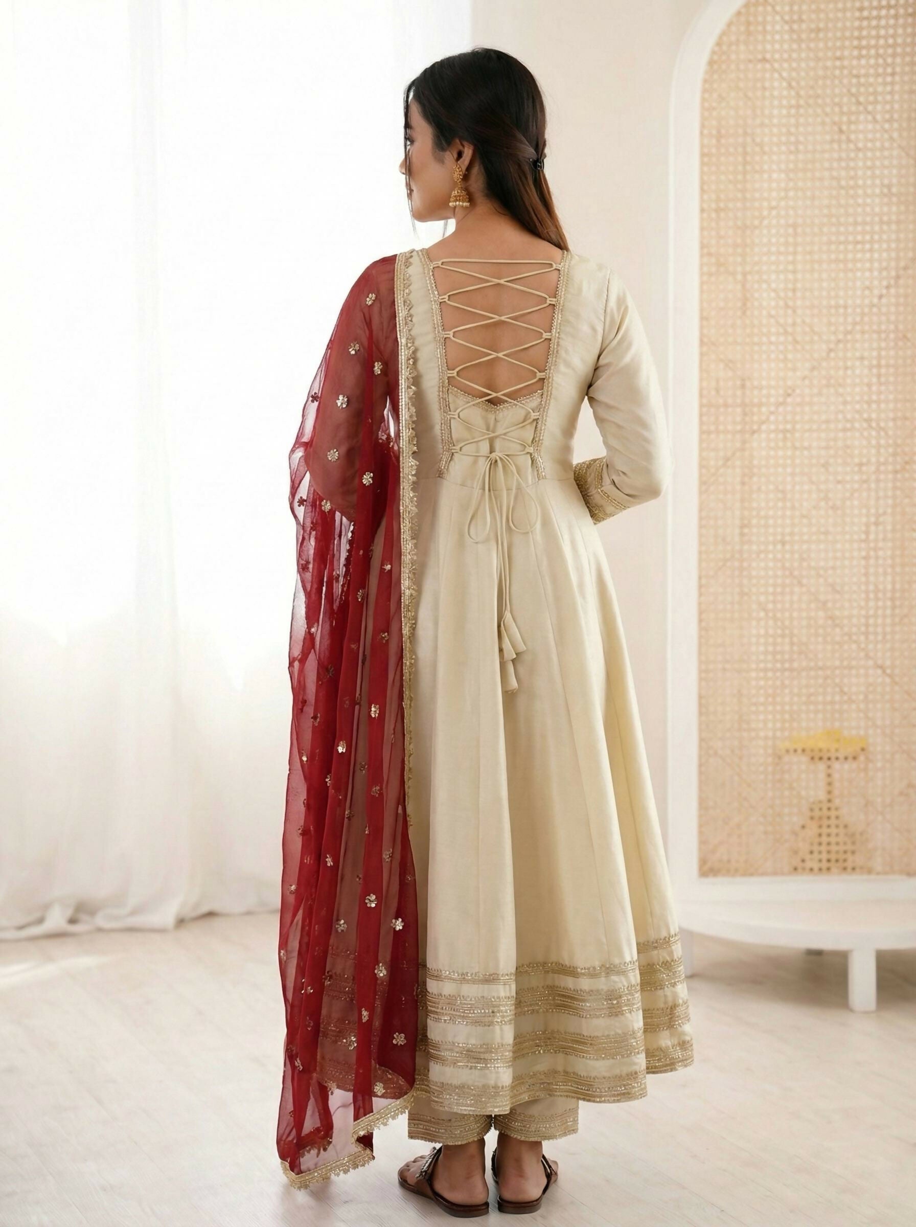 Teeya Creation Cream Cosmos Gold Lace Work Party Wear Gown