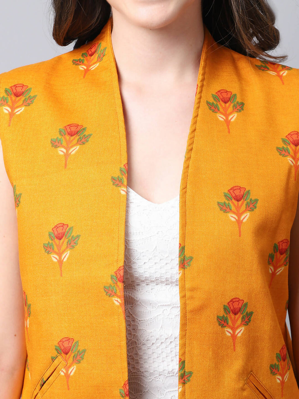 Even Apparels Yellow 100% Viscose Rayon Open Front Gillet (BF009)