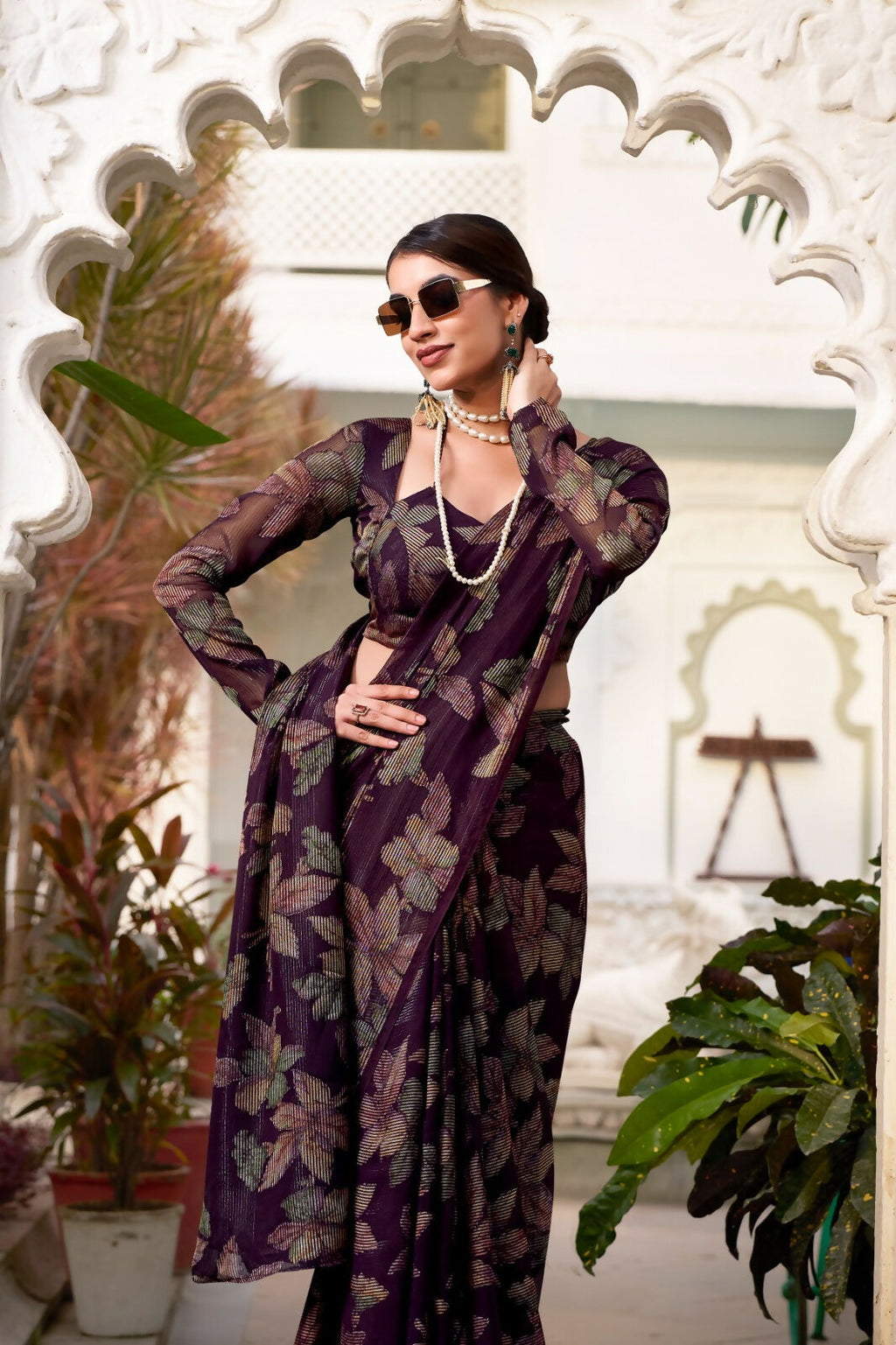 Vastranavya Wine Lurex Brasso Floral Printed Saree with Unstitched Blouse