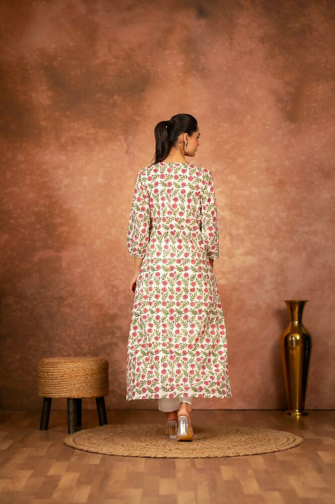 Joban Fashion Red Floral Hand Block Printed Cotton Kurta Pant Set