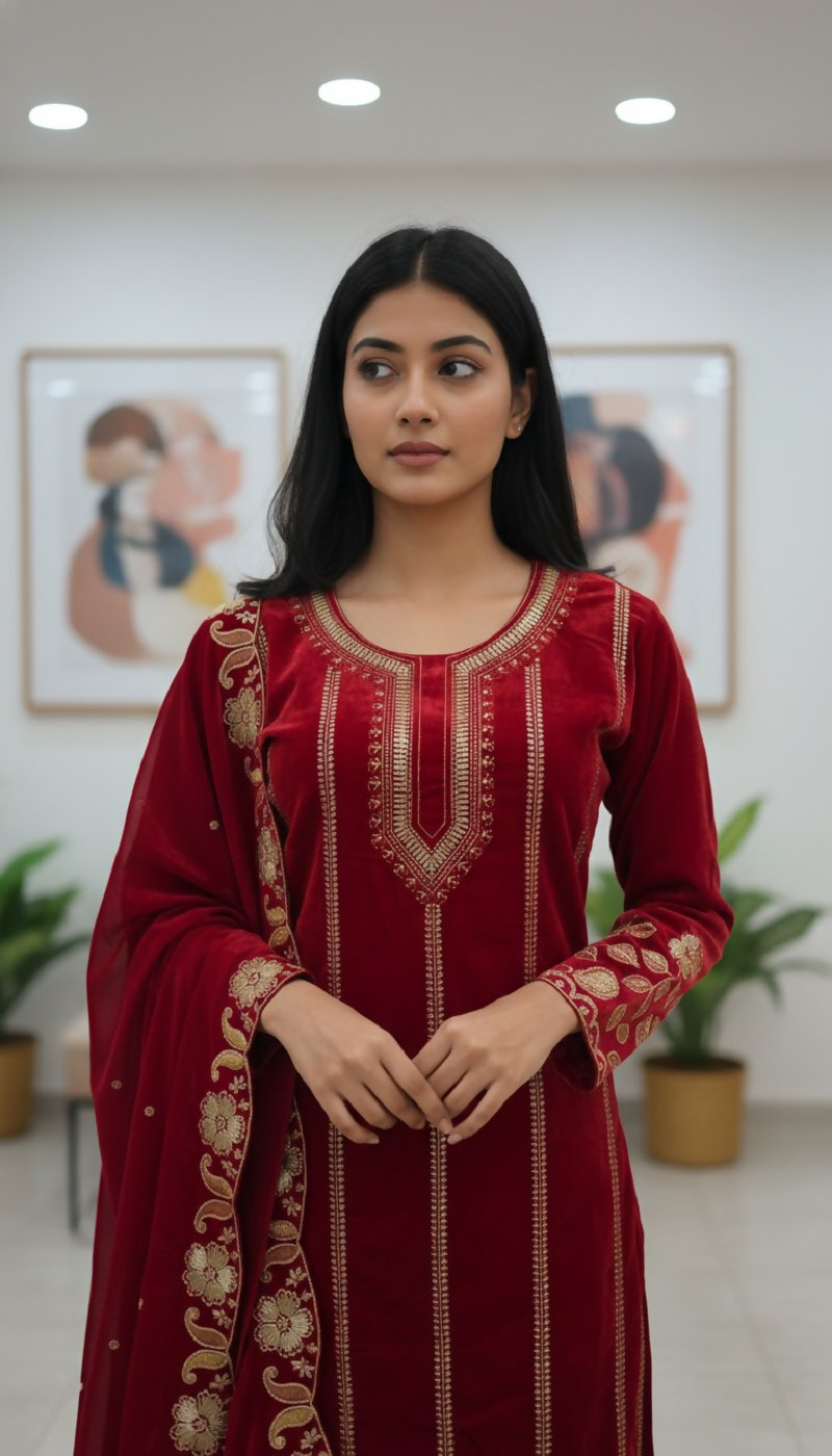 Joban Fashion Red Kurta Set Velvet Embroidery Sequence Work