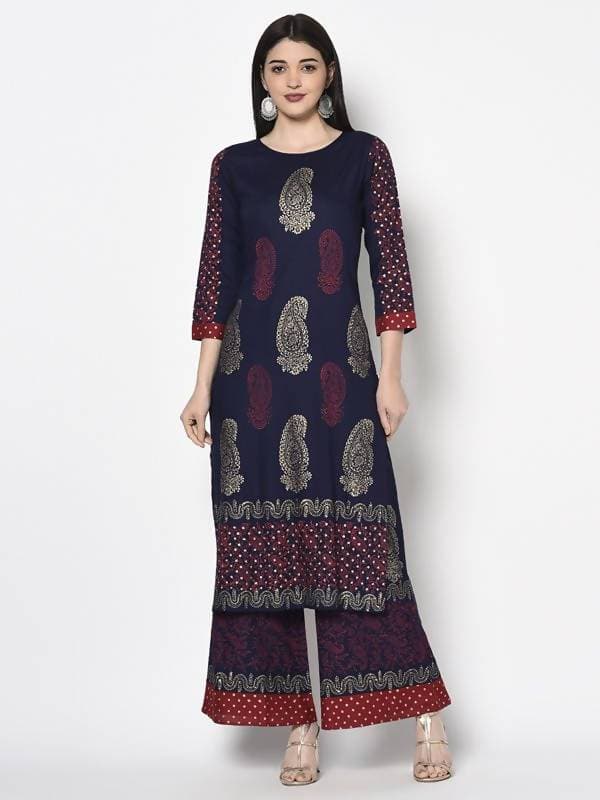 Aniyah Rayon Navy Blue Color Block Print Straight Kurta Palazzo Set (AN-179K)