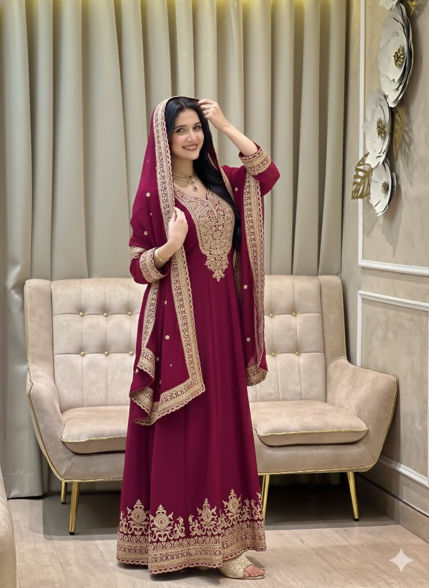 Teeya Creation Rani Color Faux Georgette Embroidery Work Long Party Wear Gown