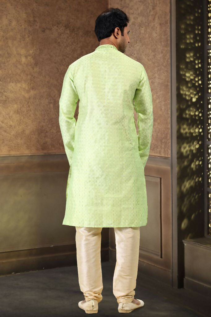 Raivat Ethnic Jacquard Art Silk Mirror and Thread Work Kurta Pajama In Pista Green Colour