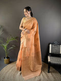 Joban Fashion Orange Floral & Paisley Linen Silk Banarasi Saree