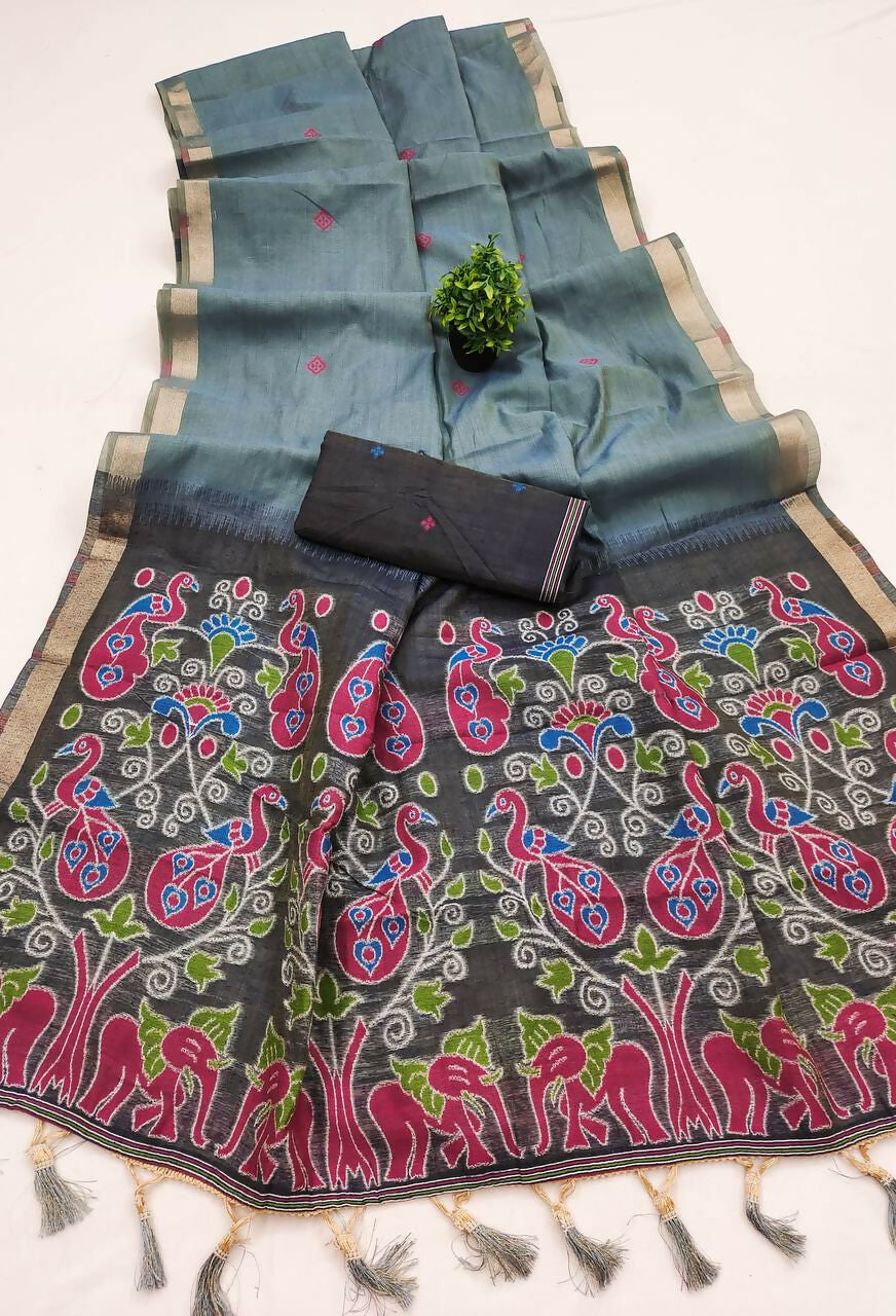 Vastranavya Grey Muga Cotton Meenakari & Azarakh Pallu Saree with Contrast Blouse