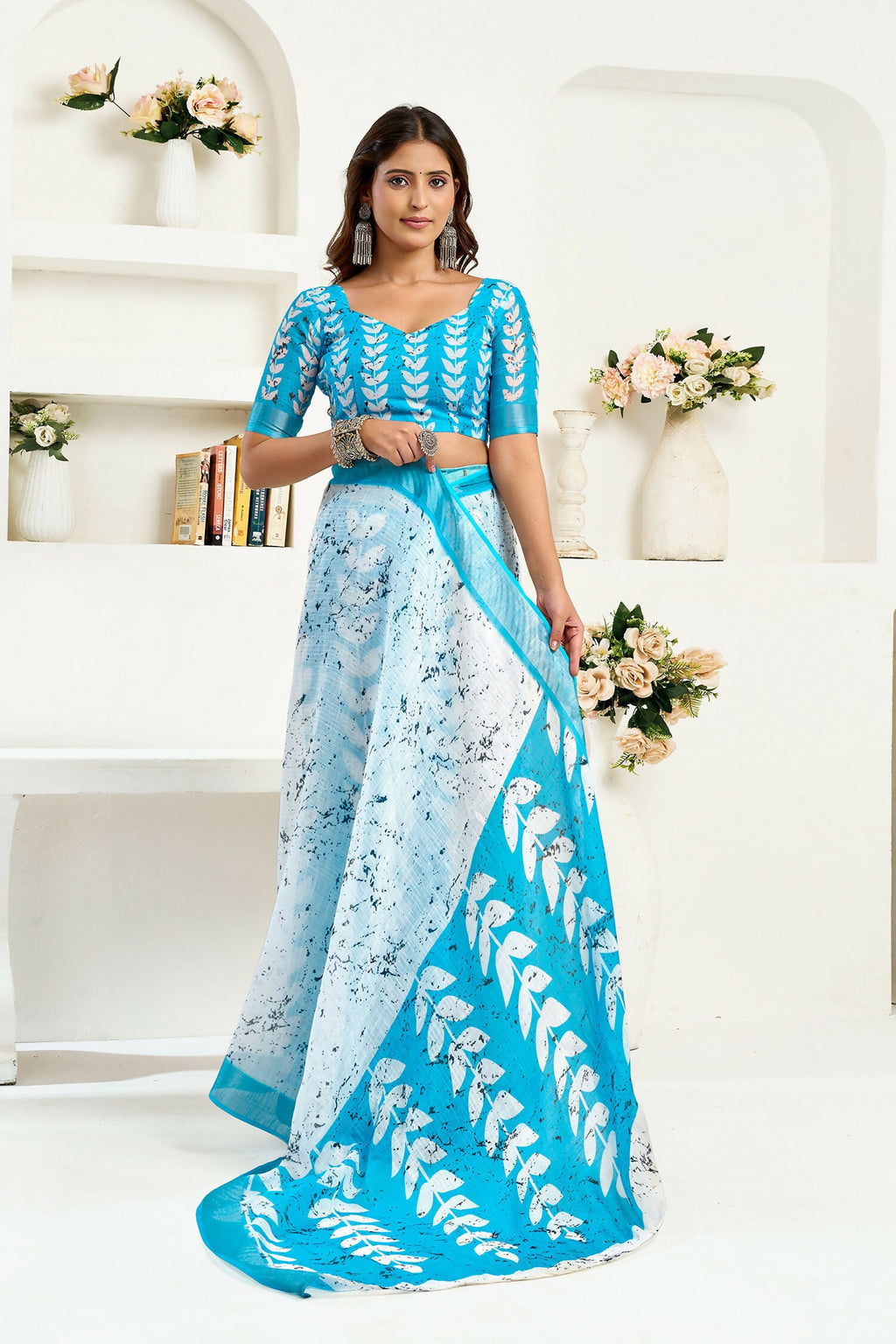 Joban Fashion White Leaf Linen Ready To Wear Saree With Unstitched Blouse