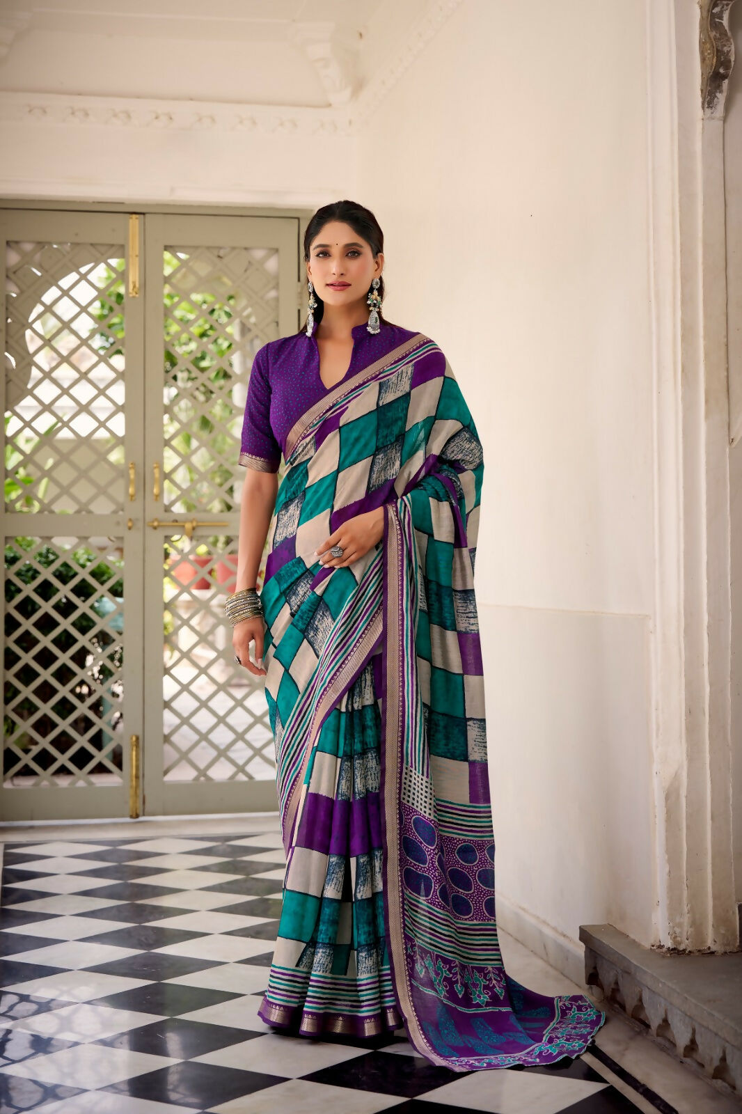 Vastranavya Purple Viscose Chanderi Printed with Temple Border Saree & Unstitched Blouse