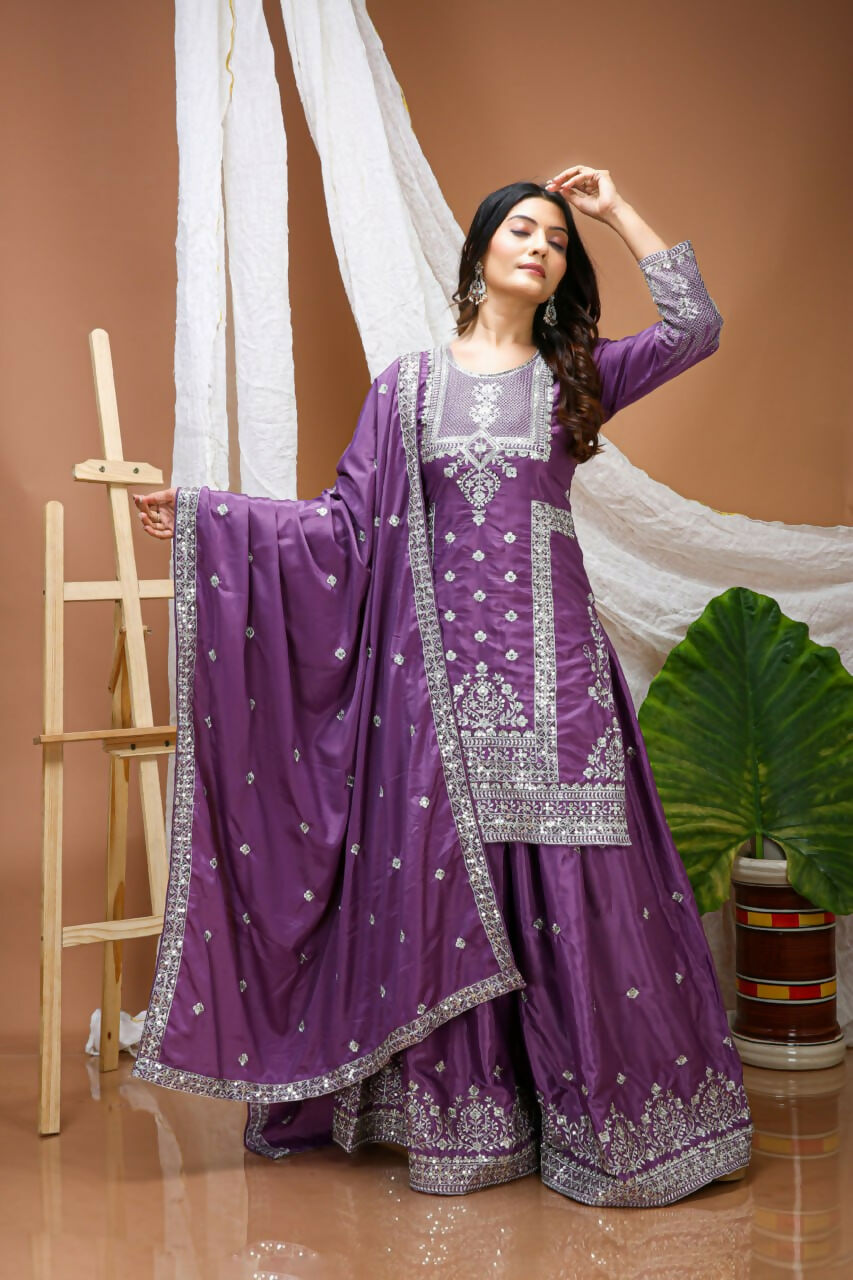 Teeya Creation Lavender Color Natural Crepe Silk Wedding Wear Trending Salwar Suit