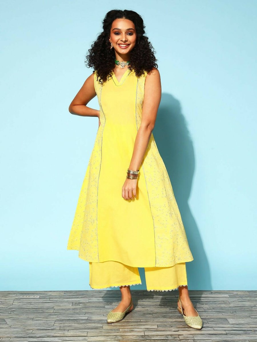 Ahalyaa Women Yellow Colour Cotton Printed Kurta Palazzo Set