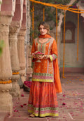 Anaita Orange Chinon Readymade Palazzo Suit with Codding Dori & Sequence Work